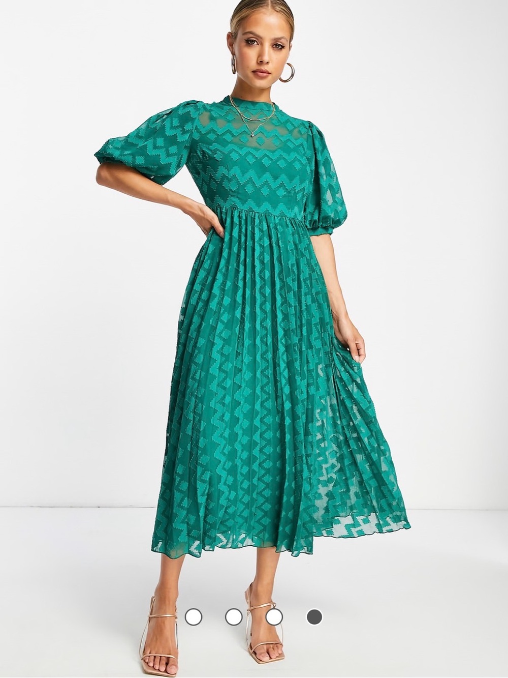 ASOS Teal Chevron-Pattern MIDI Dress with Puff Sleeves